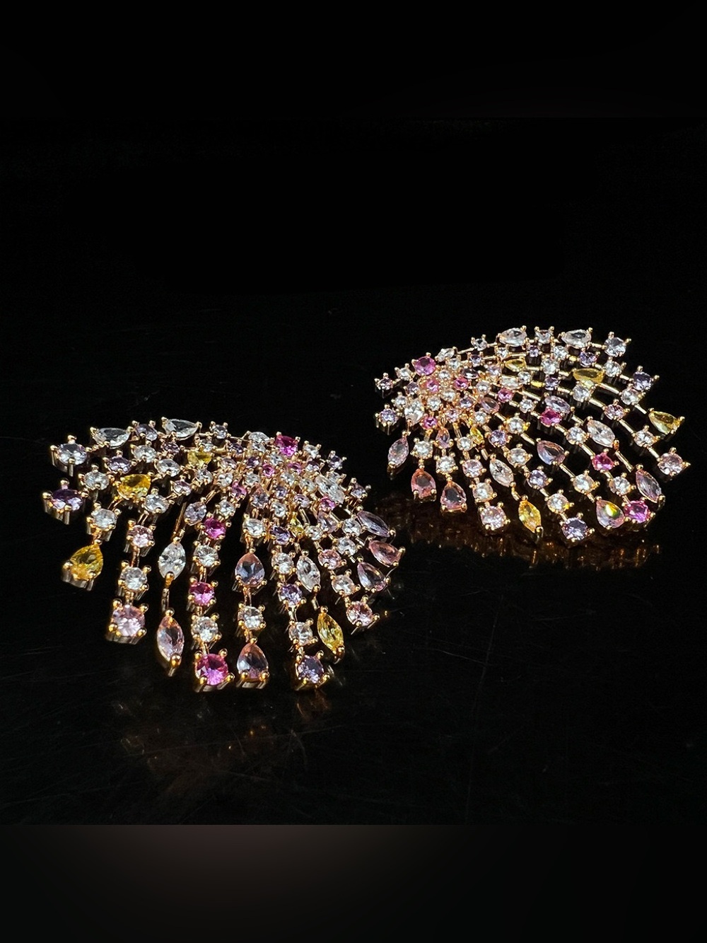 Firework Bloom Statement Earrings Gold Tone | Colorful CZ
